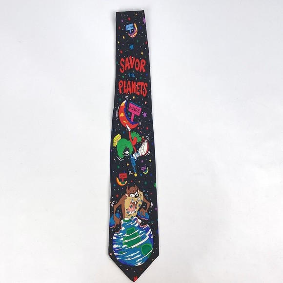 VTG 1993 Taz Marvin Martian SAVOR THE PLANETS Space Stars Earth Moon Necktie - Picture 1 of 8